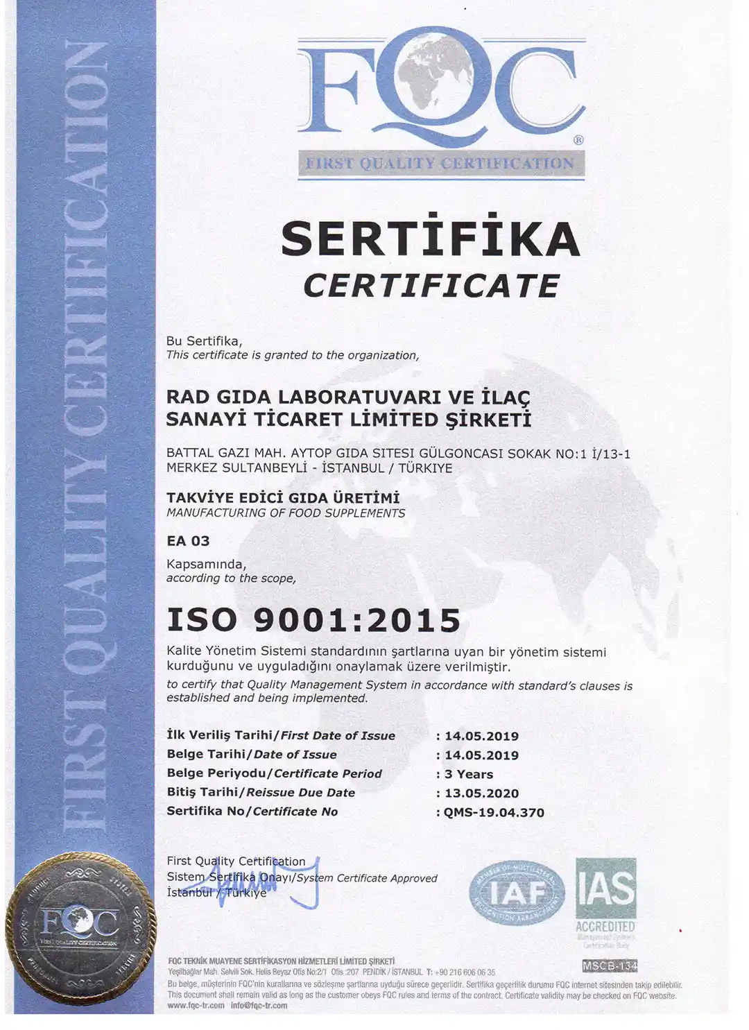 ISO 9001:2015 Kalite Yönetim Sistemi Belgesi